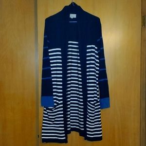 Molly +Isadora Navy & White Striped Long Cardigan 2X